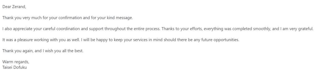 Dofuku 对 Zerrand 服务的高度赞赏