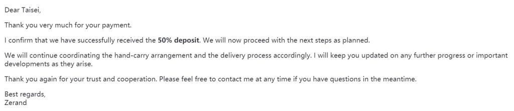 收到 Dofuku 支付的50%定金